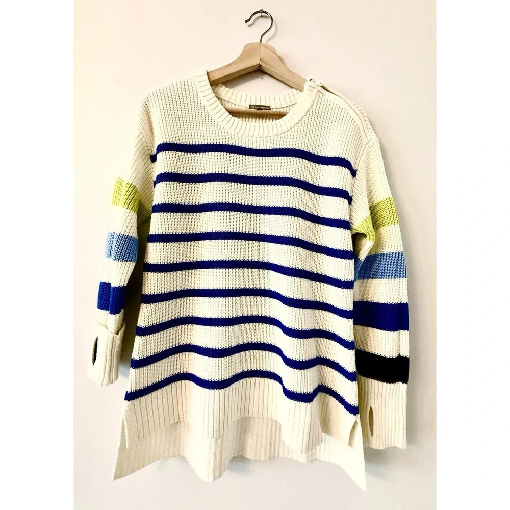 T by Talbots Stripe‎ Crewneck High-Low Sweater Tunic Ivory Multi Large Petite